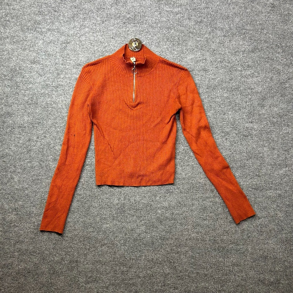 Garage Rib Knit Crop Top Women Burnt Orange Quarter Zip Stretch Long Sleeve - XS
